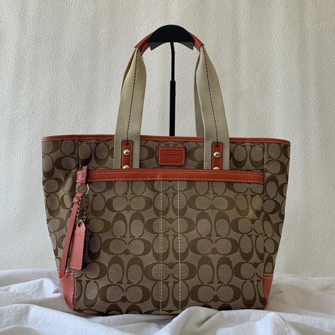 95新 COACH/蔻驰 vintage棕色复古经典老花帆布美拉德单肩托特包