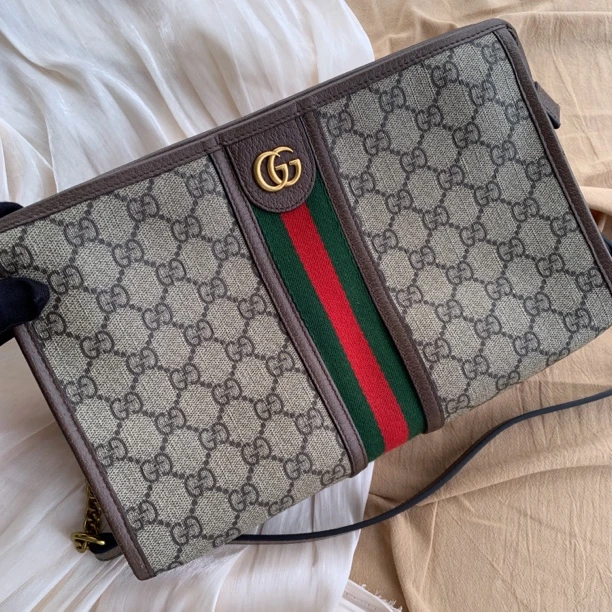 95新 GUCCI/古驰 红绿织带老花斜挎手拿夹子包