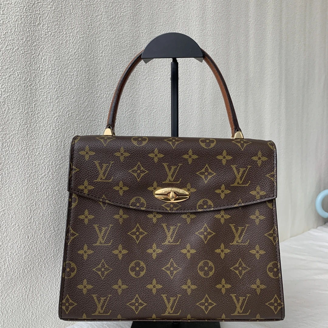 95新 LouisVuitton/路易威登 复古老花翻盖金扣Kelly手提斜挎包