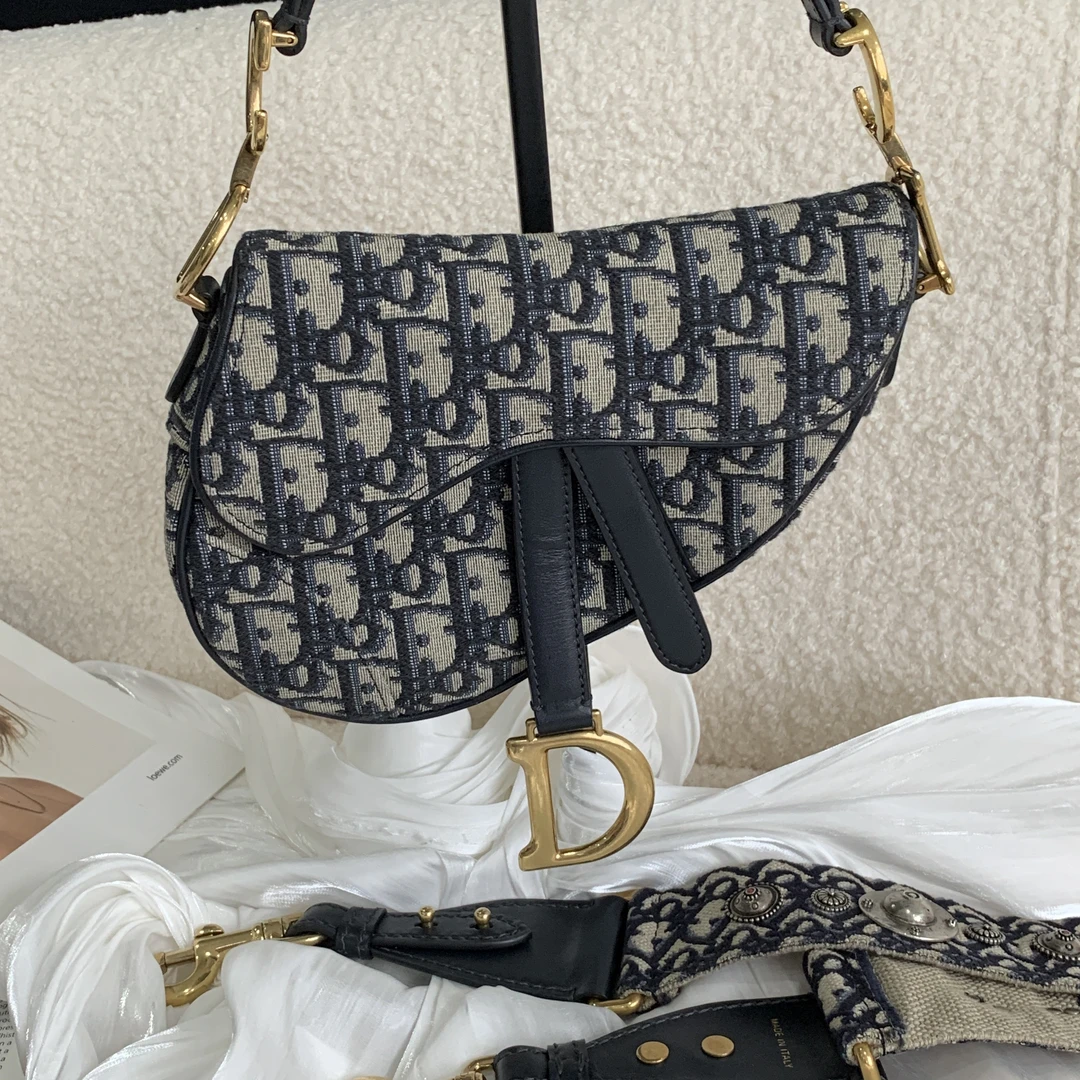 95新 DIOR/迪奥 经典时尚百搭复古蓝色小众老花单肩斜挎马鞍包