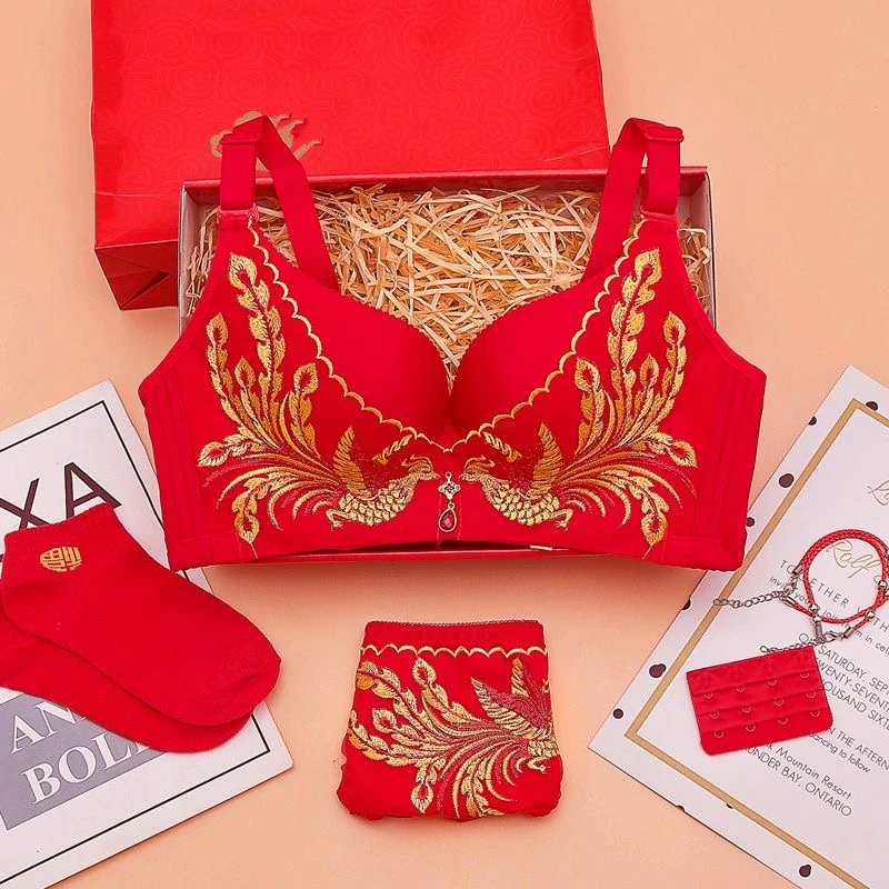 本命年大红色文胸套装结婚新娘内衣女小胸聚拢无钢圈凤凰刺绣胸罩