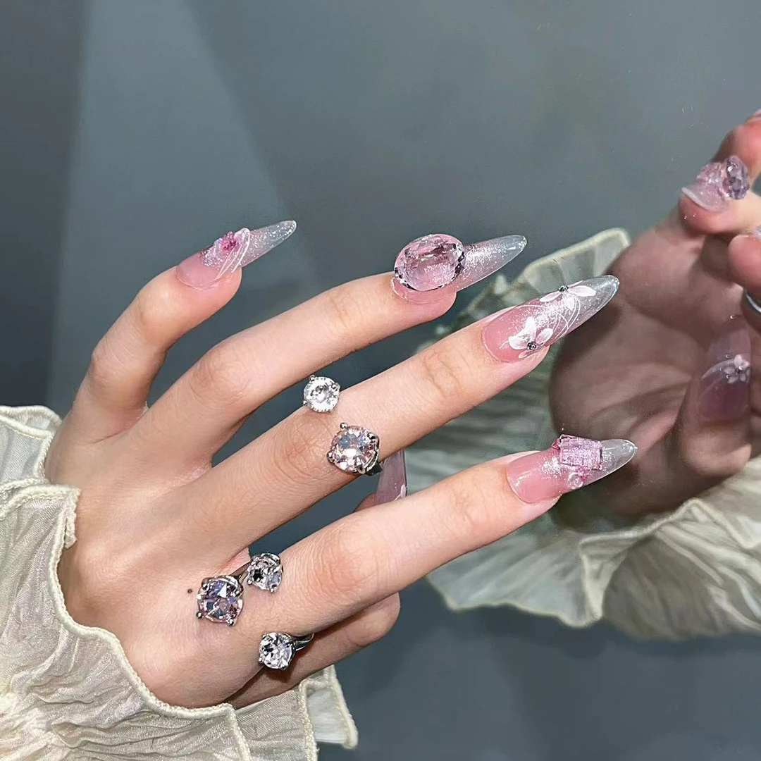 【桃花源】缇觅轻奢手绘蝴蝶粉透底全华子钻纯手工可拆卸式穿戴甲