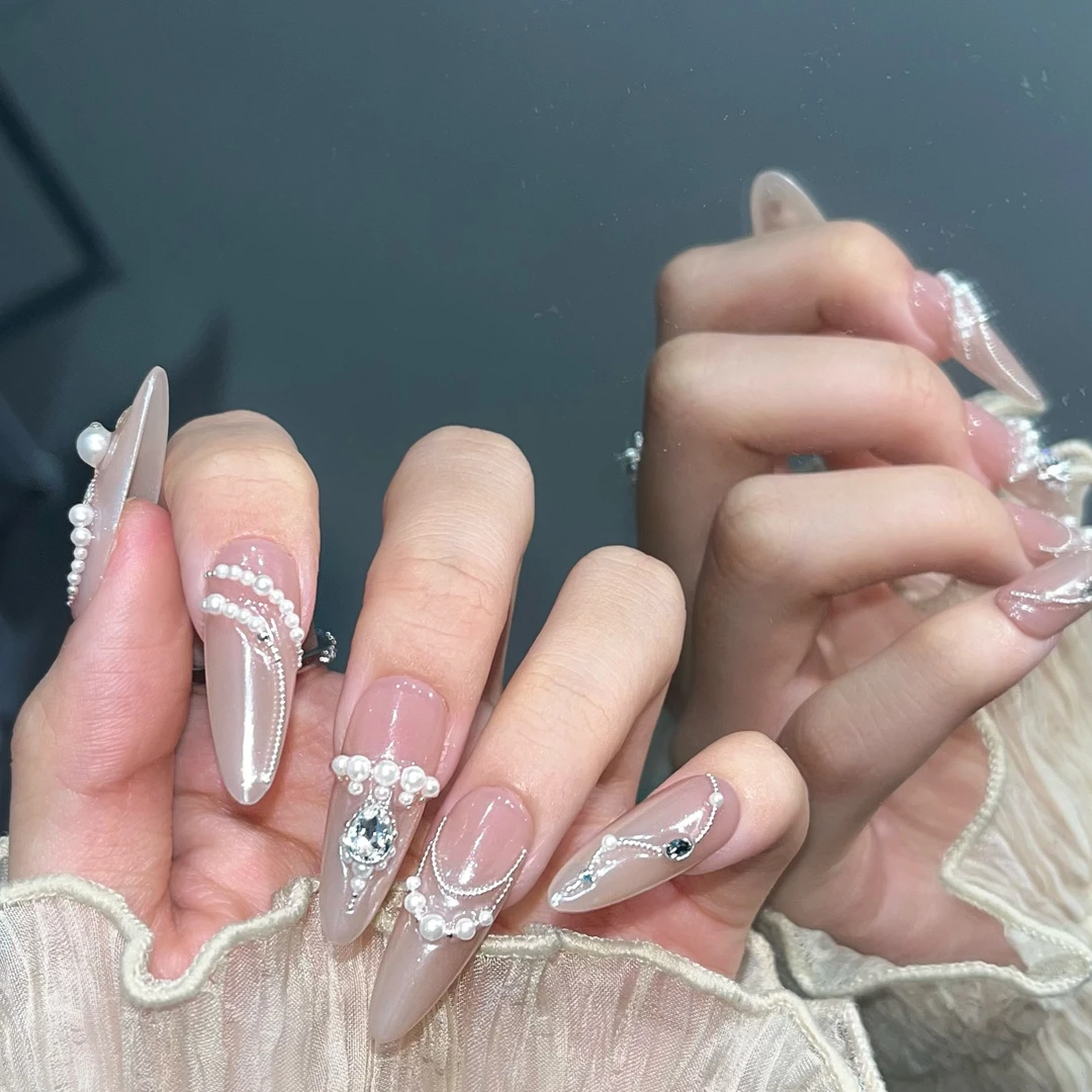 【珍珠少女】缇觅轻奢气质裸粉施珍全华子钻纯手工可拆卸式穿戴甲