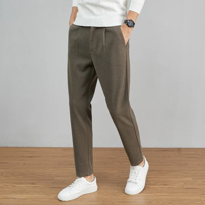 毛呢裤子男秋冬款免烫宽松长裤加厚垂感松紧腰高端小脚锥形休闲裤