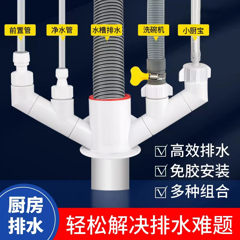 LEEN/勒恩厨房下水三通分流器净水器厨房防臭防溢水50/75管通用