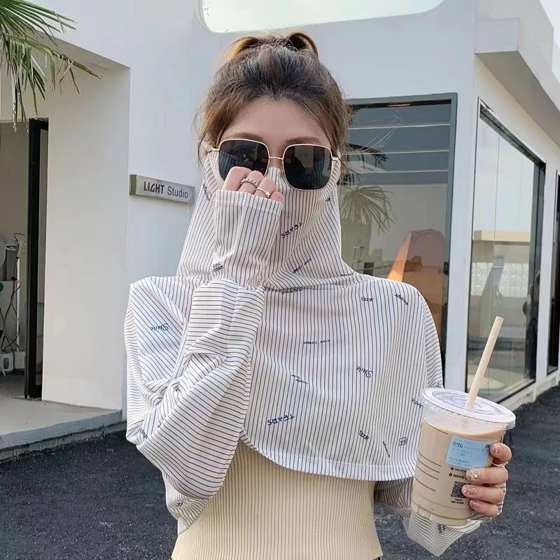 防晒披肩长袖百搭透气薄款防紫外线纯色户外短款韩版高领春夏骑车