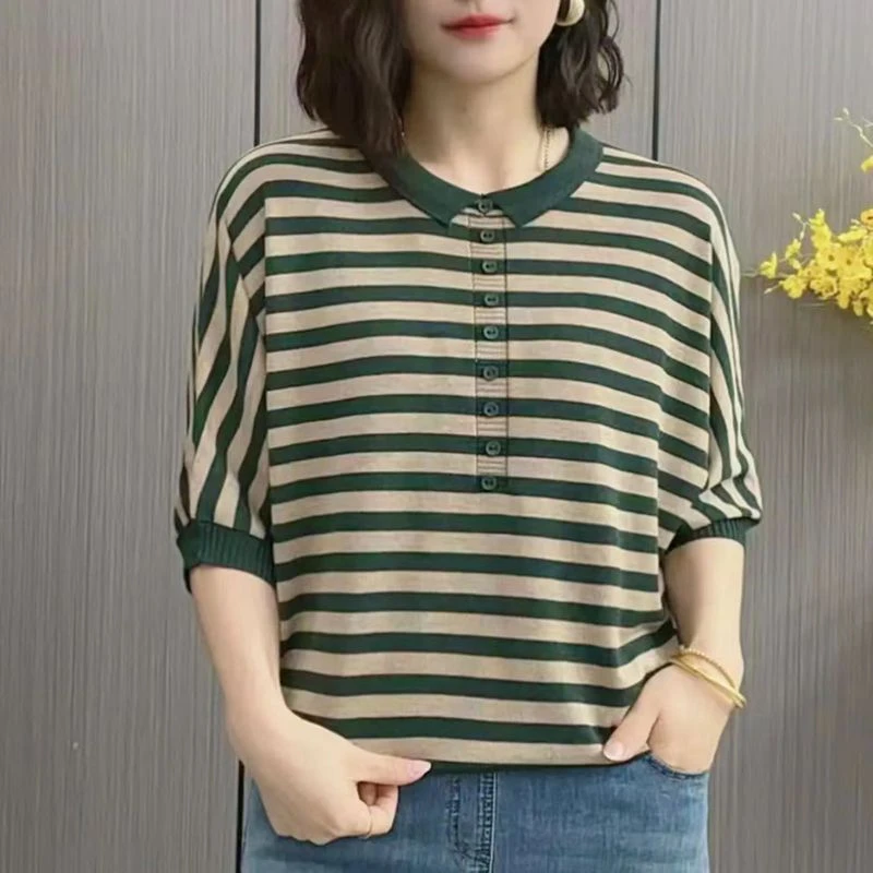 夏季薄款polo领条纹五分袖冰丝上衣女大码宽松显瘦中袖针织T恤衫