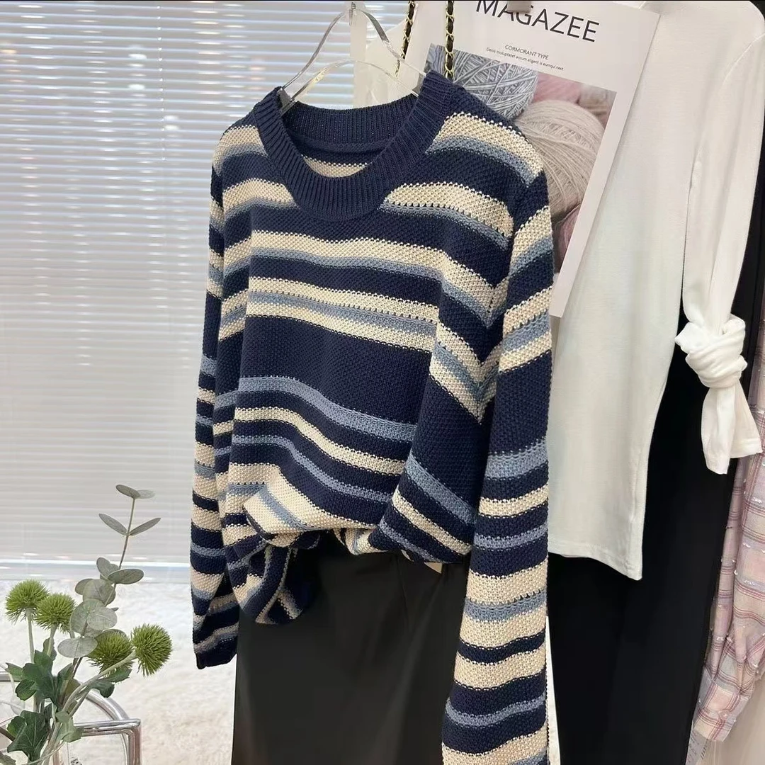 大码宽松显瘦圆领条纹毛衣打底衫女士秋冬内搭长袖套头针织衫上衣