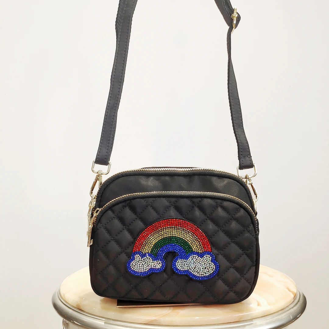 彩虹菱格图案单肩斜挎手提包