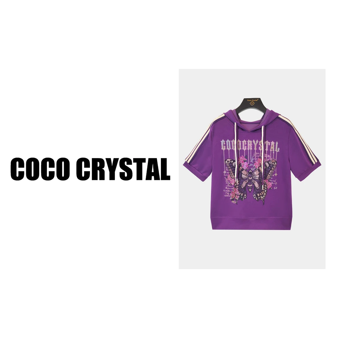 设计师紫色蝴蝶图案连帽短袖T恤