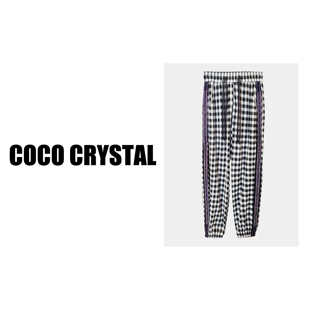 COCO CRYSTAL 黑白格子镂空网纱图案休闲卫裤