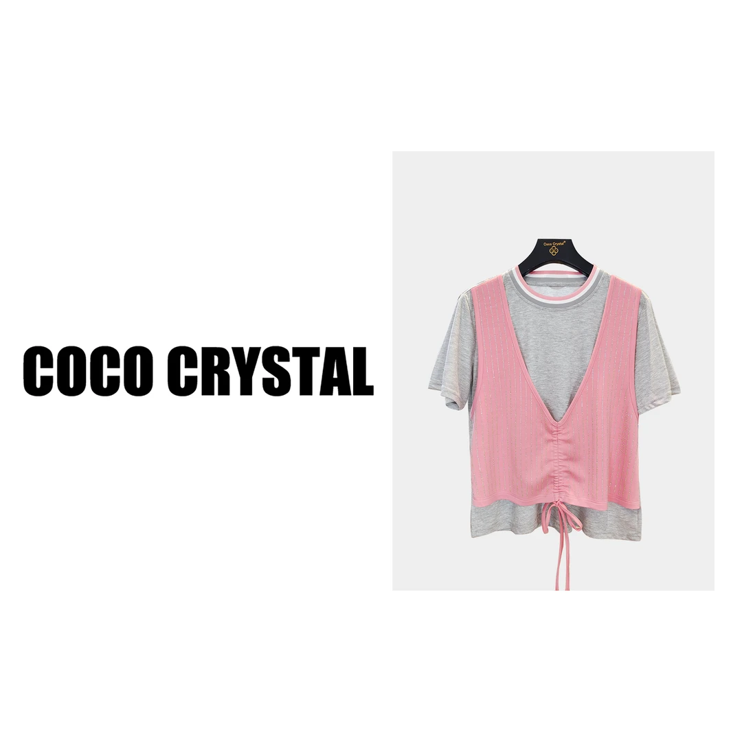 原创粉配灰色图案圆领假两件短袖t恤