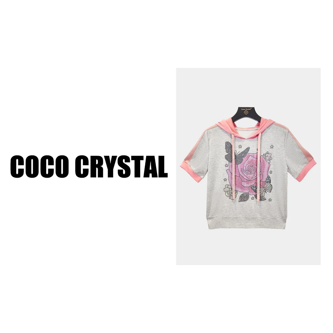 设计师玫瑰图案花灰色连帽T恤