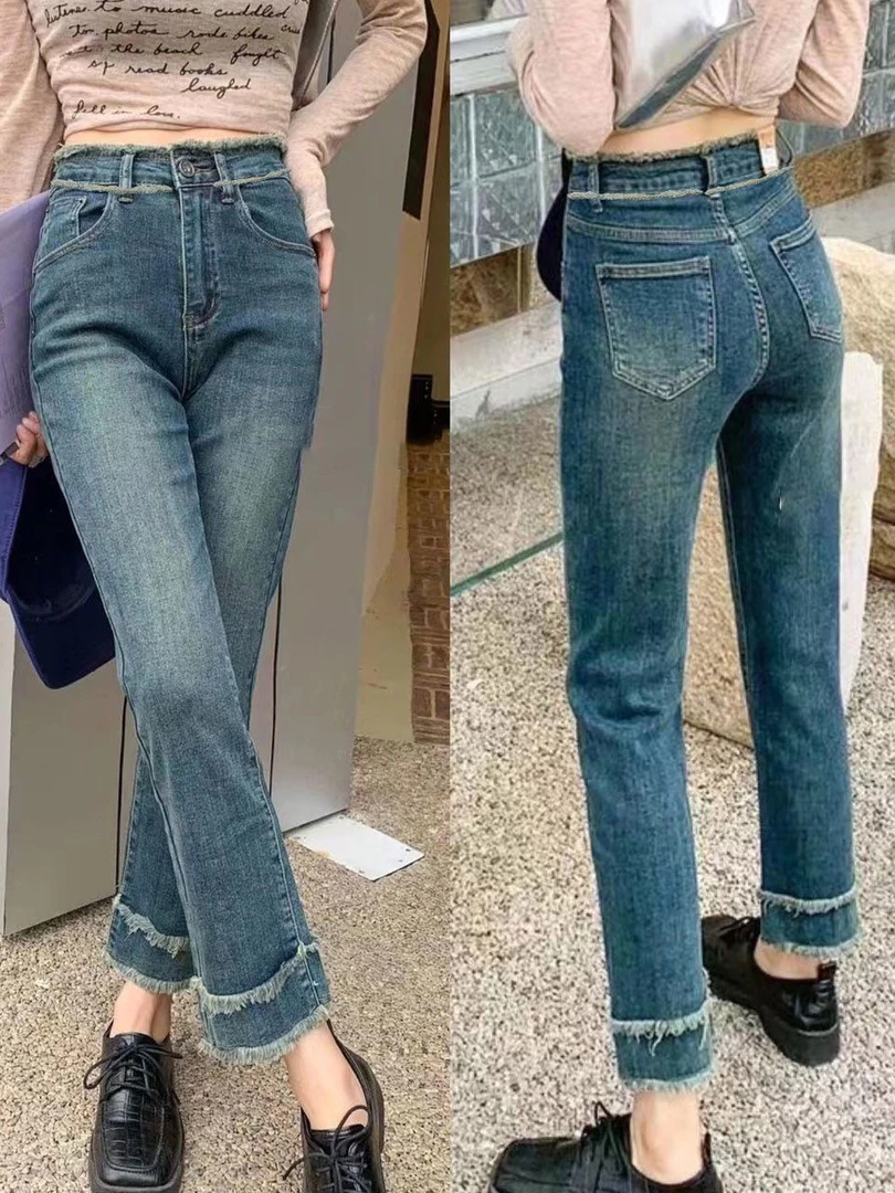 小个子流苏毛边牛仔裤女春夏新款大码高腰弹力直筒九分烟管裤