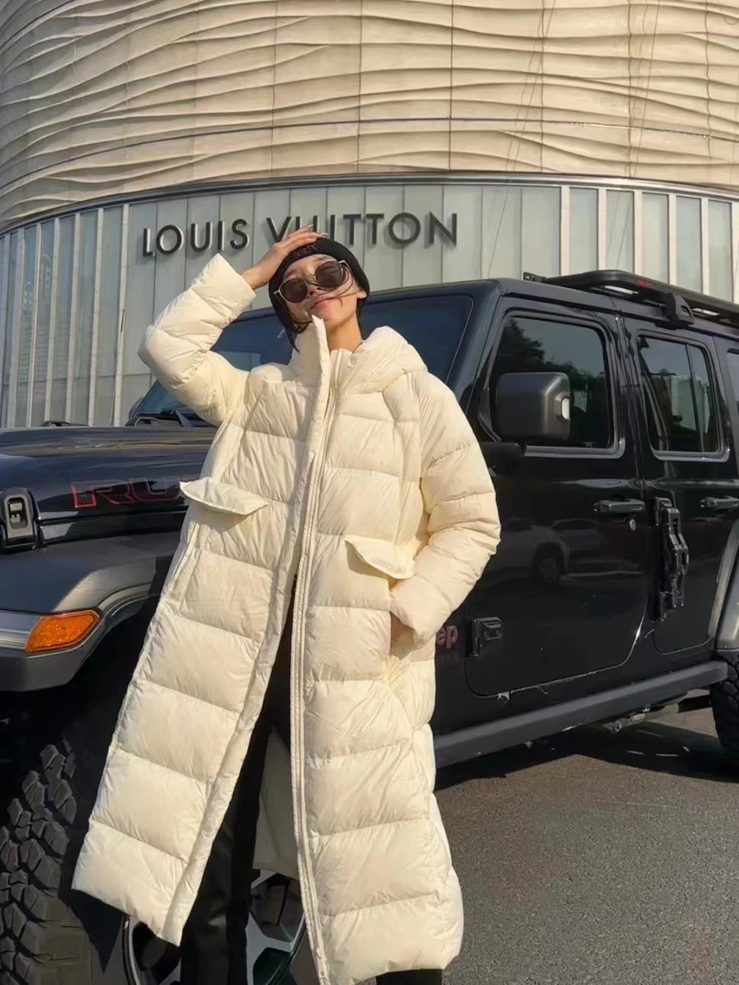 小个子中长款过膝羽绒服女韩版宽松冬季新连帽白鸭绒加厚轻外套