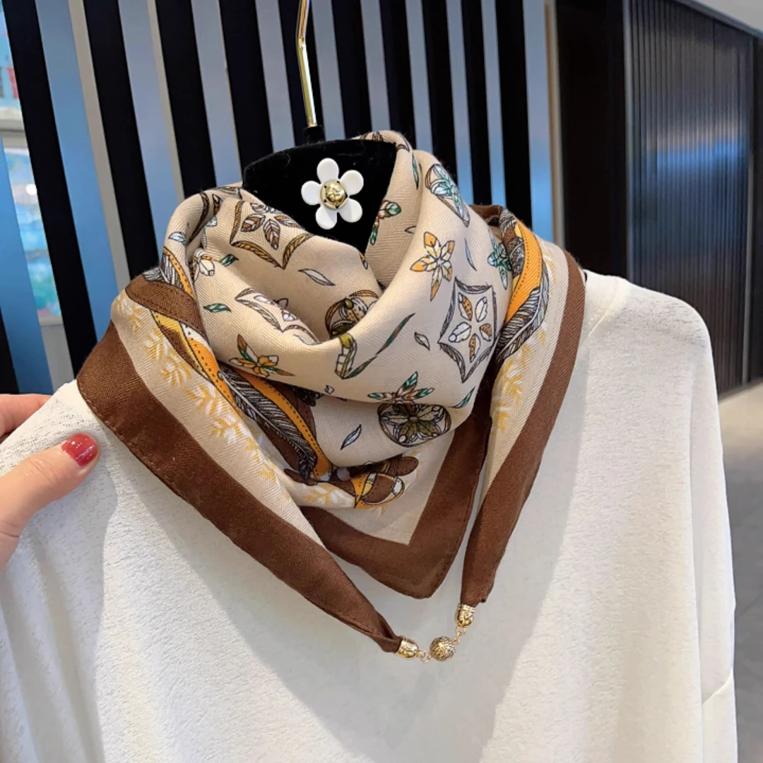 春秋新款小金球磁吸扣高级原创丝棉围巾65*65女时尚保暖方巾围脖