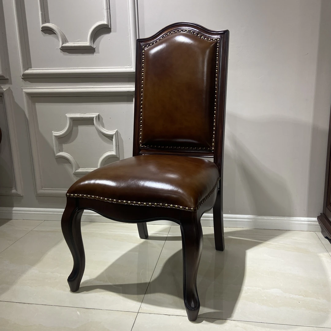 【品牌代工】KP722经典美式风格餐椅原木头层牛皮软包餐椅环保家具