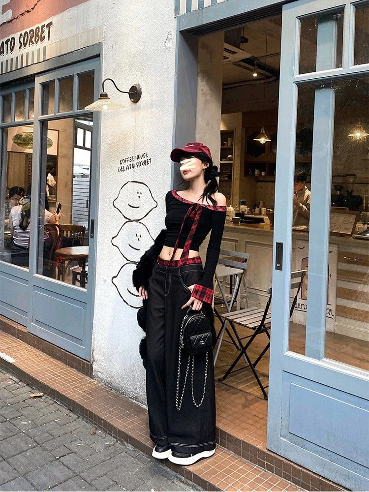 安可拉红色格纹撞色拼接系带T恤女新款时尚辣妹春秋黑色长袖上衣