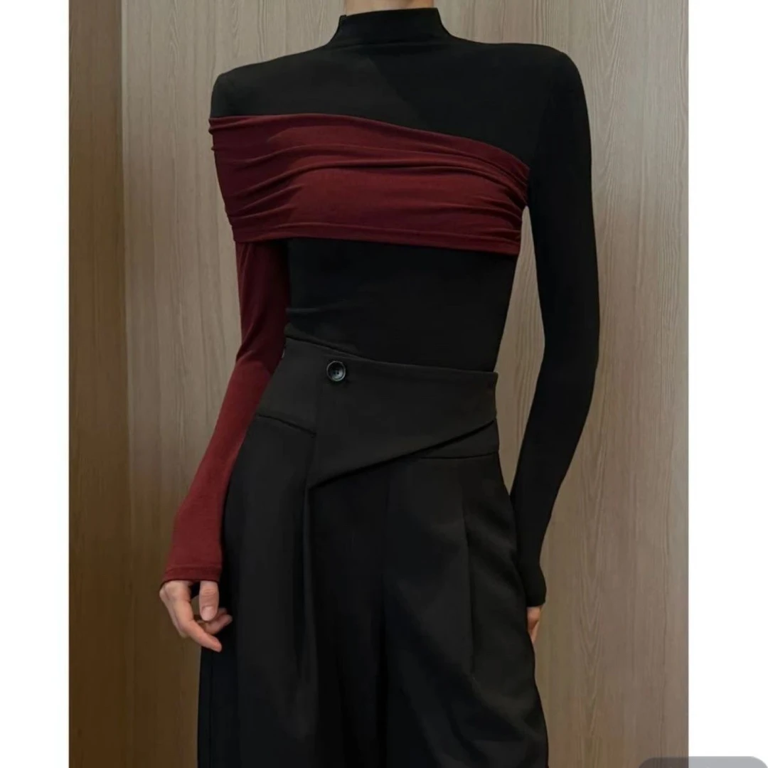 韩版百搭半高领时尚撞色设计感长袖t恤女2024秋冬新款通勤风上衣