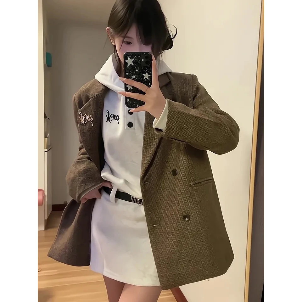 韩系温柔风时尚高级感学院西装外套套装秋冬季新款连帽卫衣连衣裙