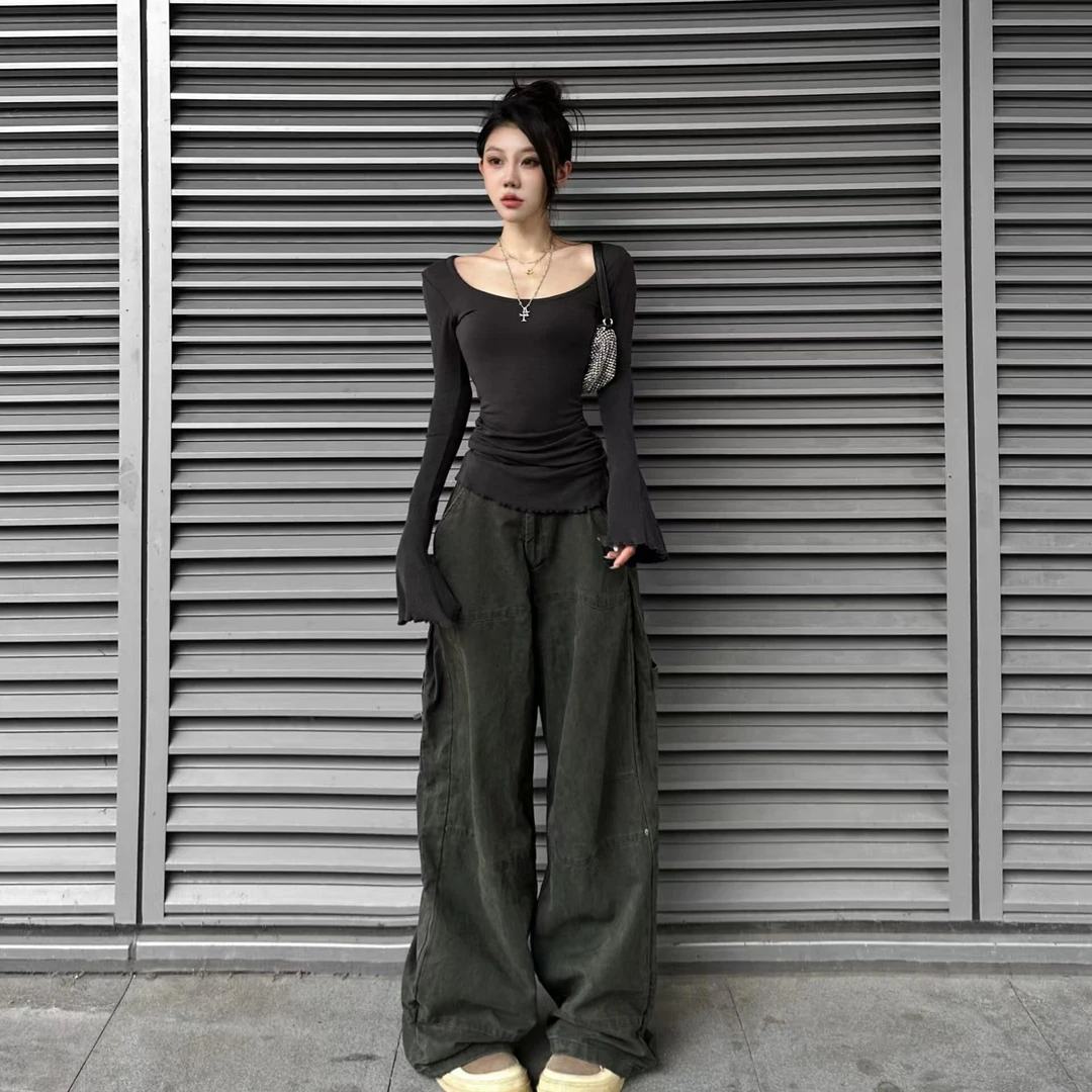 纯欲辣妹方领长袖t恤女秋季2024新款紧身内搭打底衫修身收腰上衣