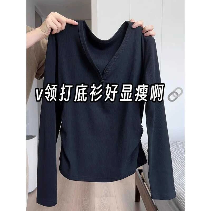 灰色休闲长袖t恤女秋冬季正肩时尚打底衫大码胖MM遮肚子短款上衣