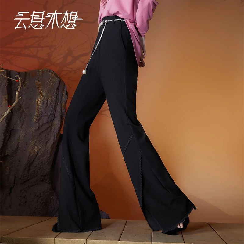 云思木想2023早秋新款高腰时尚休闲女士微喇黑色休闲长裤10782