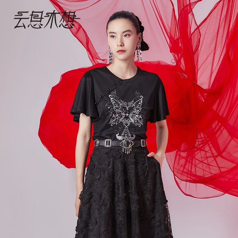Ysimo-X云思木想原创中国风2024早秋新款重工绣花荷叶袖T恤11946