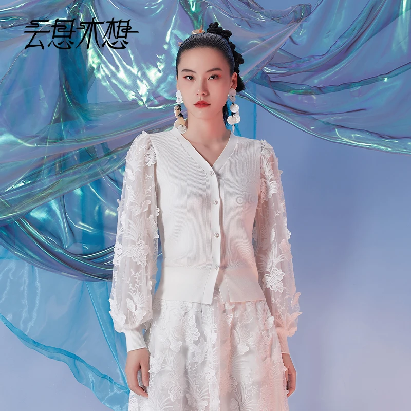 Ysimo-X云思木想摩登国风女装2024秋季立体绣花拼接毛针织衫12160