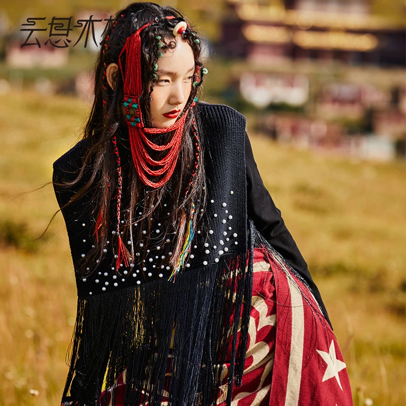 云思木想摩登中国风2022秋冬新款流苏钉珠高领毛针织衫10023