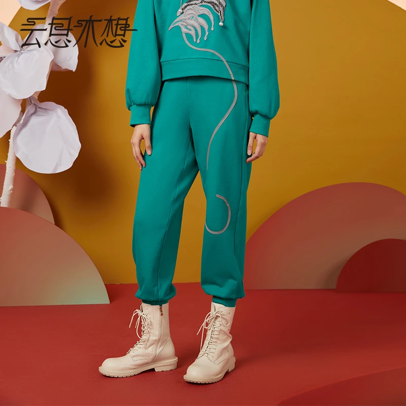 云思木想摩登中国风2022早春新款织带装饰束脚休闲裤女19315