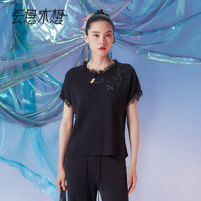 Ysimo-X云思木想摩登国风女装2024秋季盘扣流苏绣花毛针织衫12177