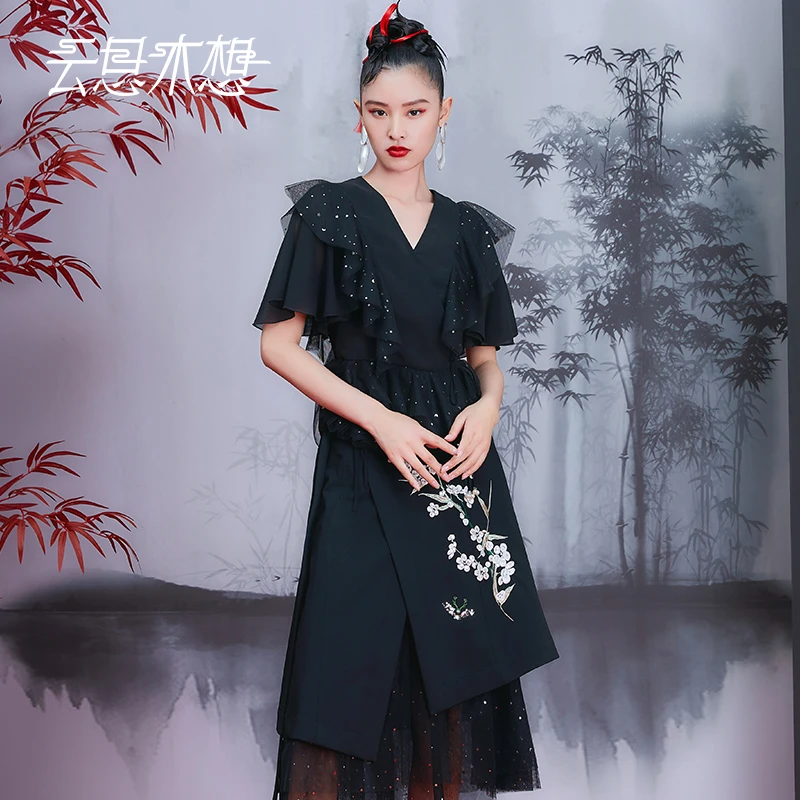 云思木想摩登中国风2023夏季荷叶袖拼接网纱女装气质衬衫10724