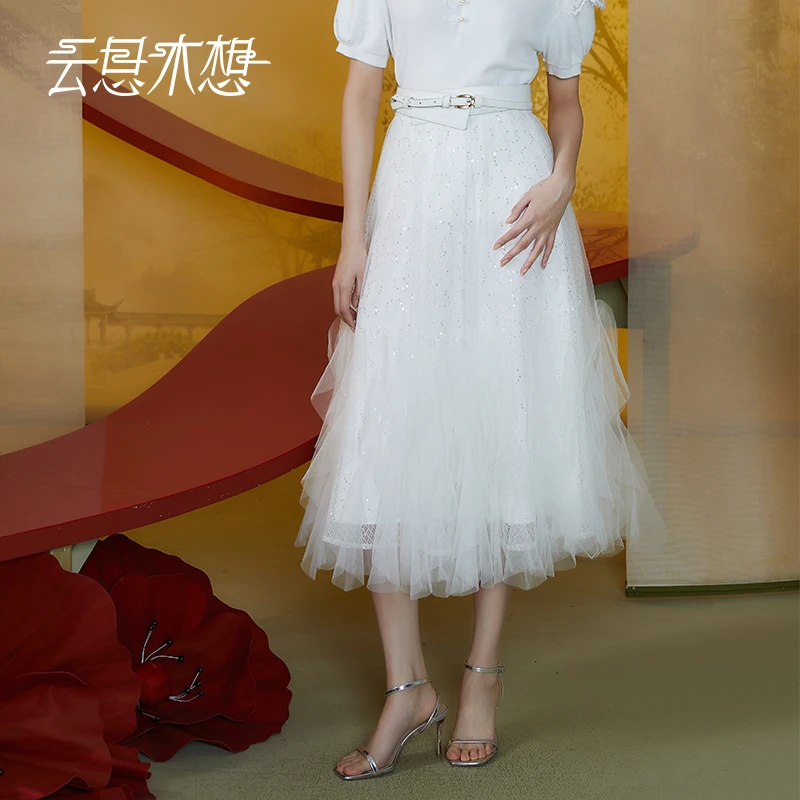 Ysimo-X云思木想新中式2024夏季新款珠片网纱气质半身裙11473