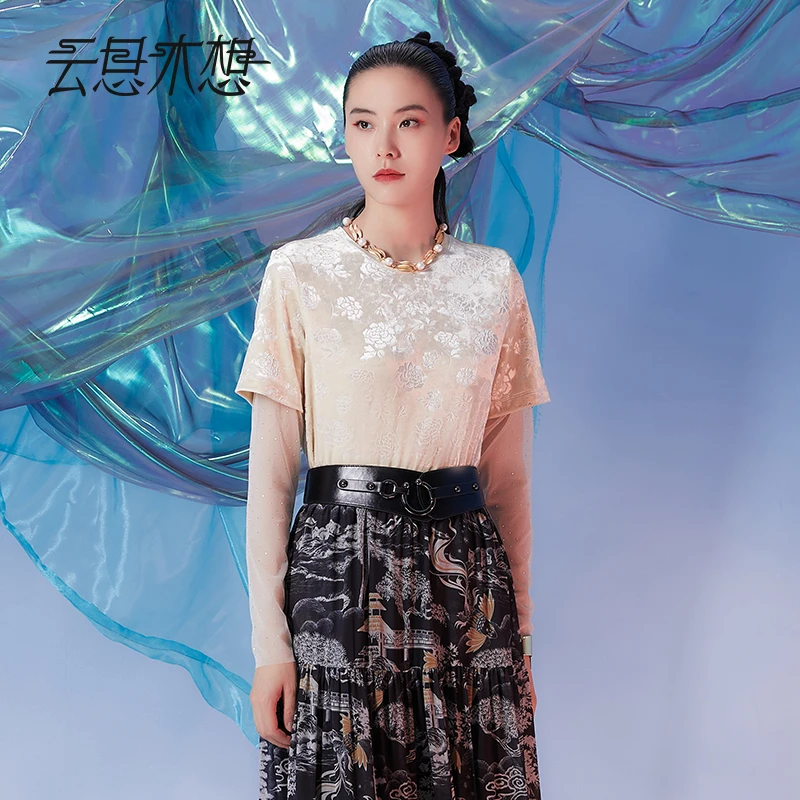 Ysimo-X云思木想原创中国风2024秋丝绒压花烫钻假两件T恤12214