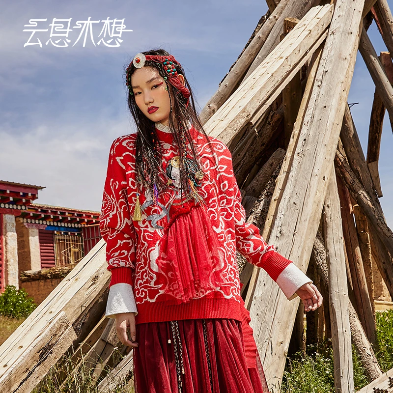 云思木想原创中国风秋冬新款重工绣花+纱网百搭长袖毛针织衫39918