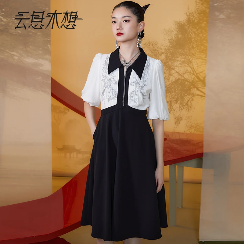 Ysimo-X云思木想新中式2024初夏新款撞色拼接绣花钉珠连衣裙11604