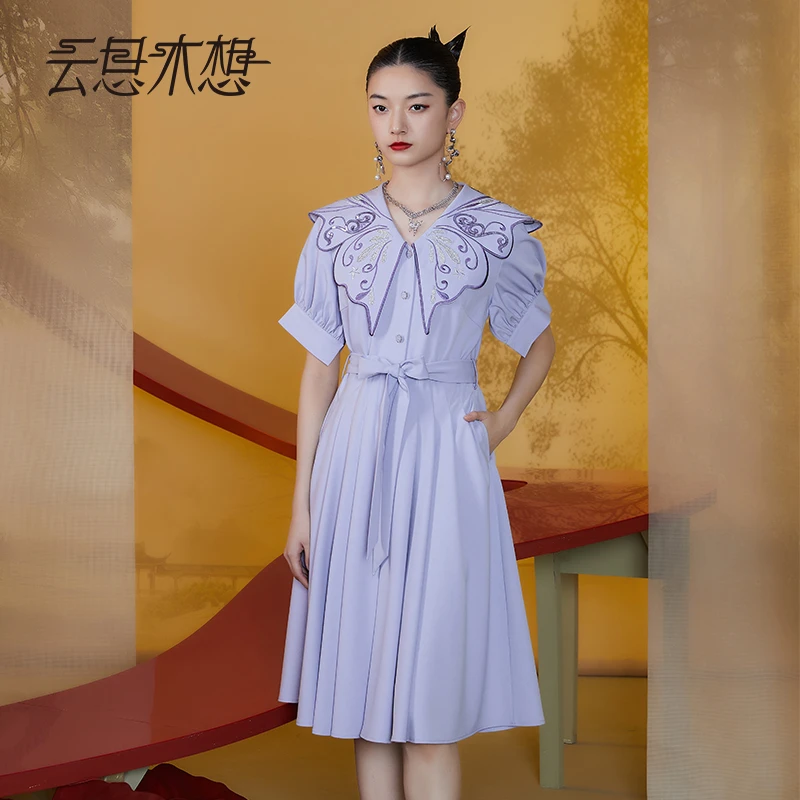 Ysimo-X云思木想新中式2024夏季新款绣花袖口开叉优雅连衣裙11552