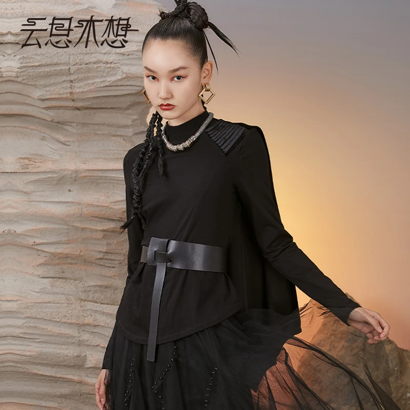 云思木想摩登中国风2022秋季新款半高领拼接修身T恤39912