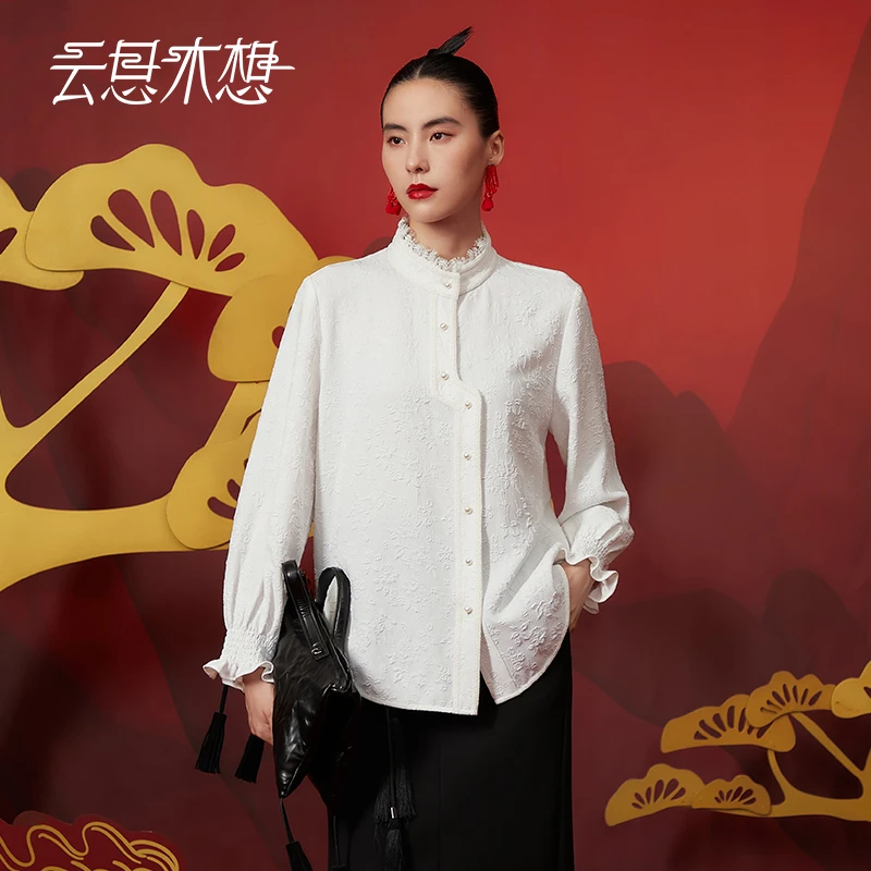 Ysimo-X云思木想 花舞弄影 不规则门襟袖口打揽提花休闲衬衫12641