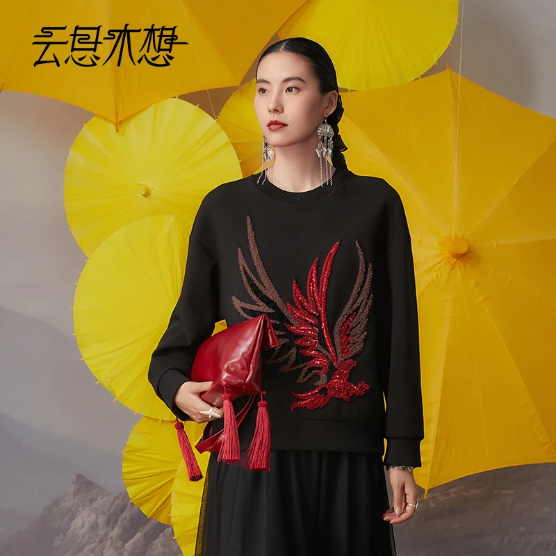 Ysimo-X云思木想 飞天玄鹰卫衣 刺绣圆领加厚宽松上衣女长袖12372