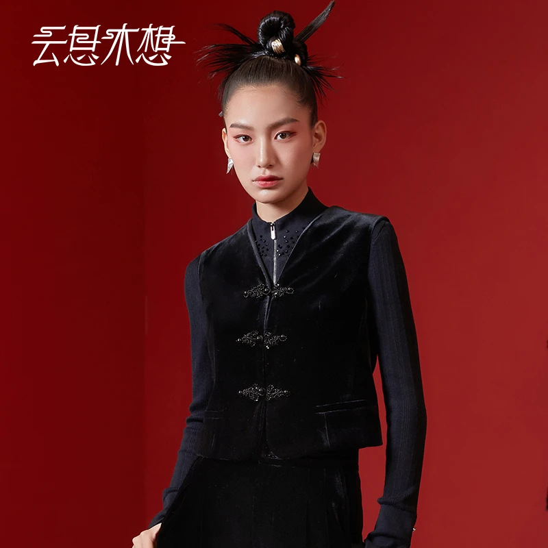 Ysimo-X云思木想2024早春新款手工盘扣时尚气质黑色马甲11254