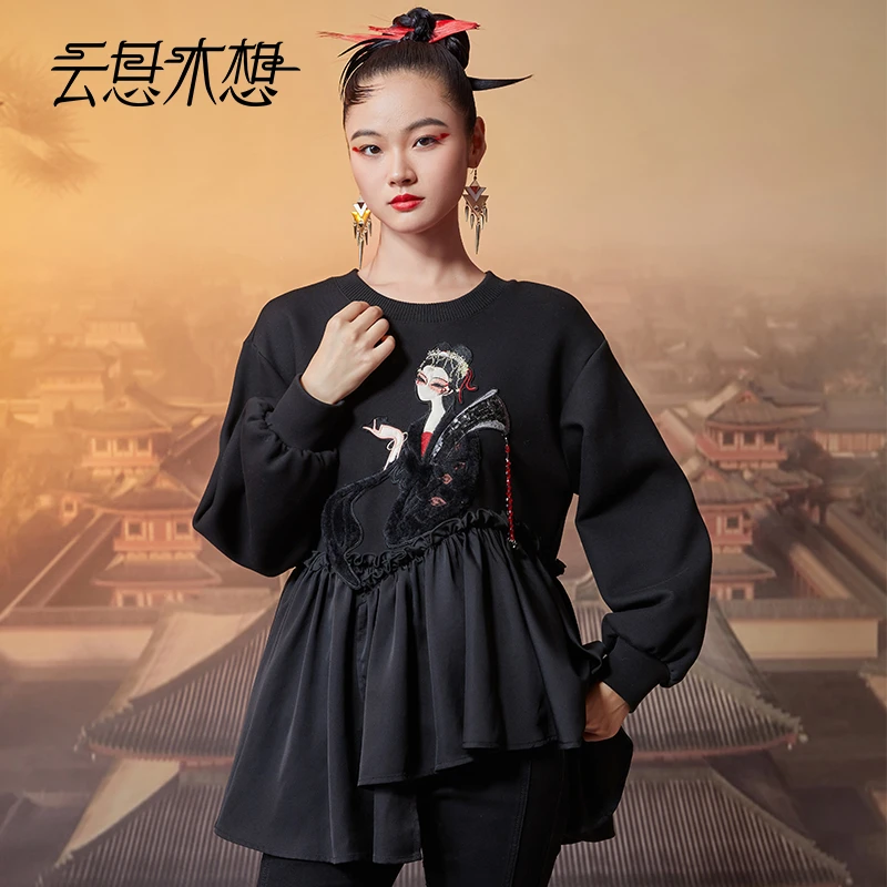 云思木想原创中国风2023秋冬新款绣花拼接圆领女士百搭卫衣11105