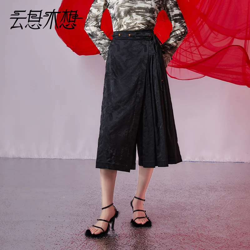 Ysimo-X云思木想原创中国风2024早秋绑带提花压褶拉链休闲裤12081