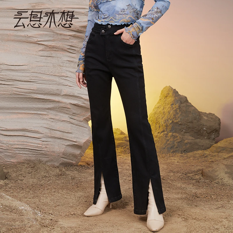 云思木想摩登中国风2022秋季新款错位腰头+开衩牛仔裤99934