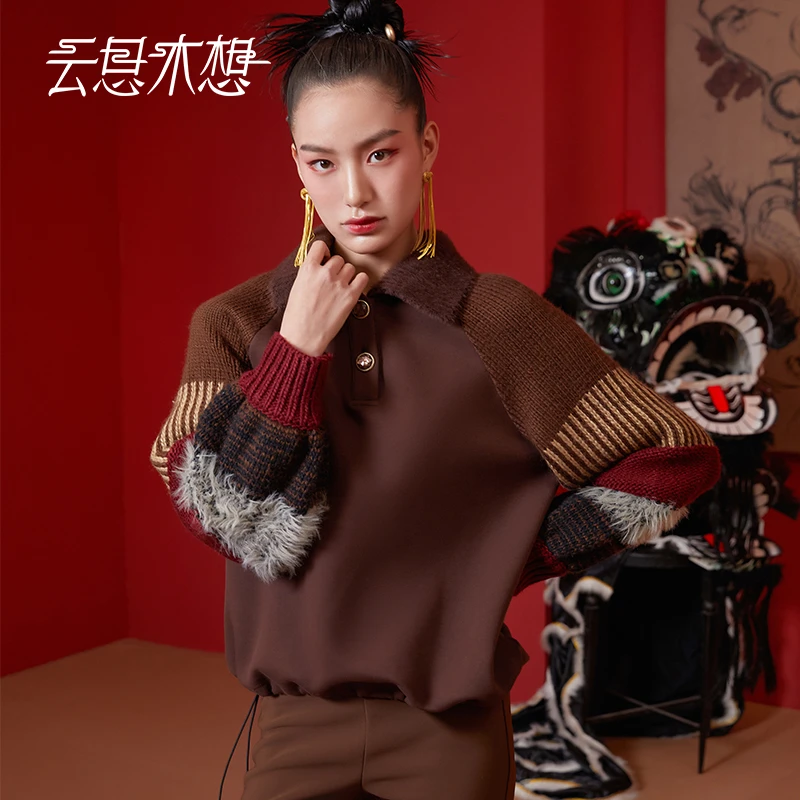 Ysimo-X云思木想新中式2024春季新款毛织袖拼接卫衣女11360