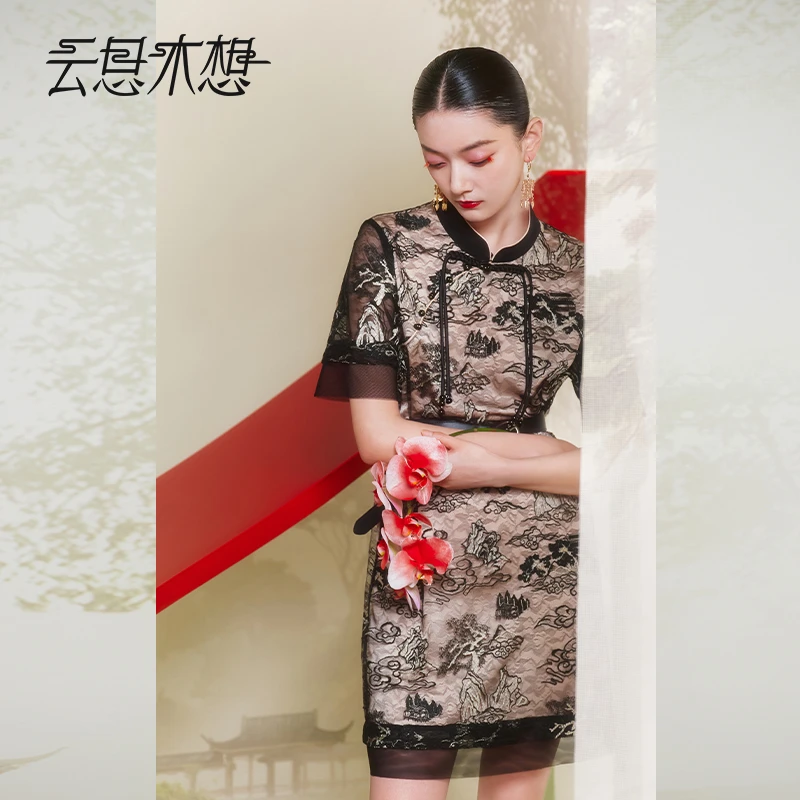 Ysimo-X云思木想新中式2024夏季新款绣花盘扣斜襟气质连衣裙11667