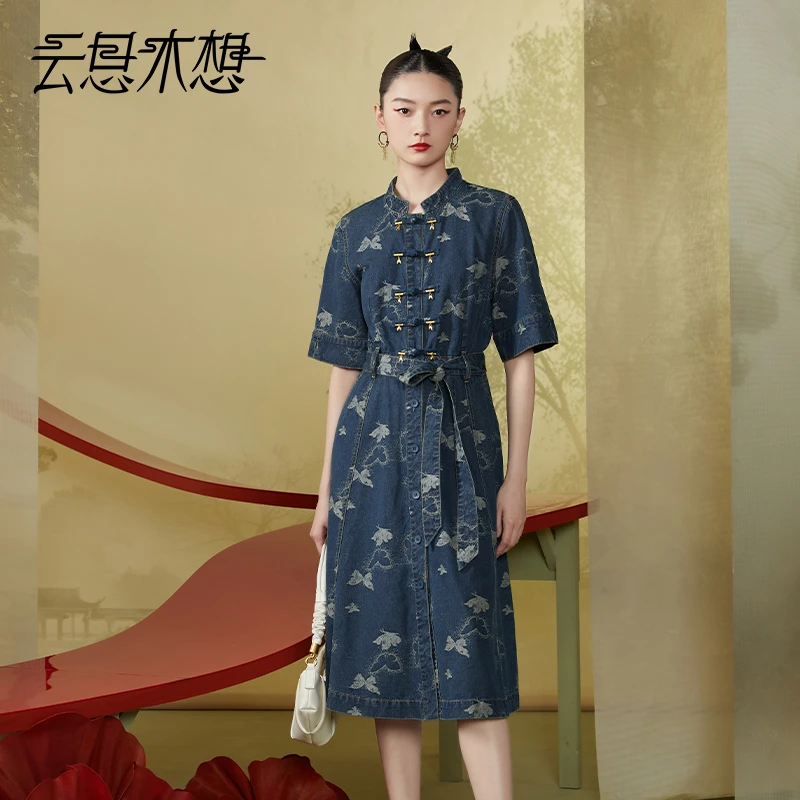 Ysimo-X云思木想新中式2024夏季新款竹节盘扣提花牛仔连衣裙12024