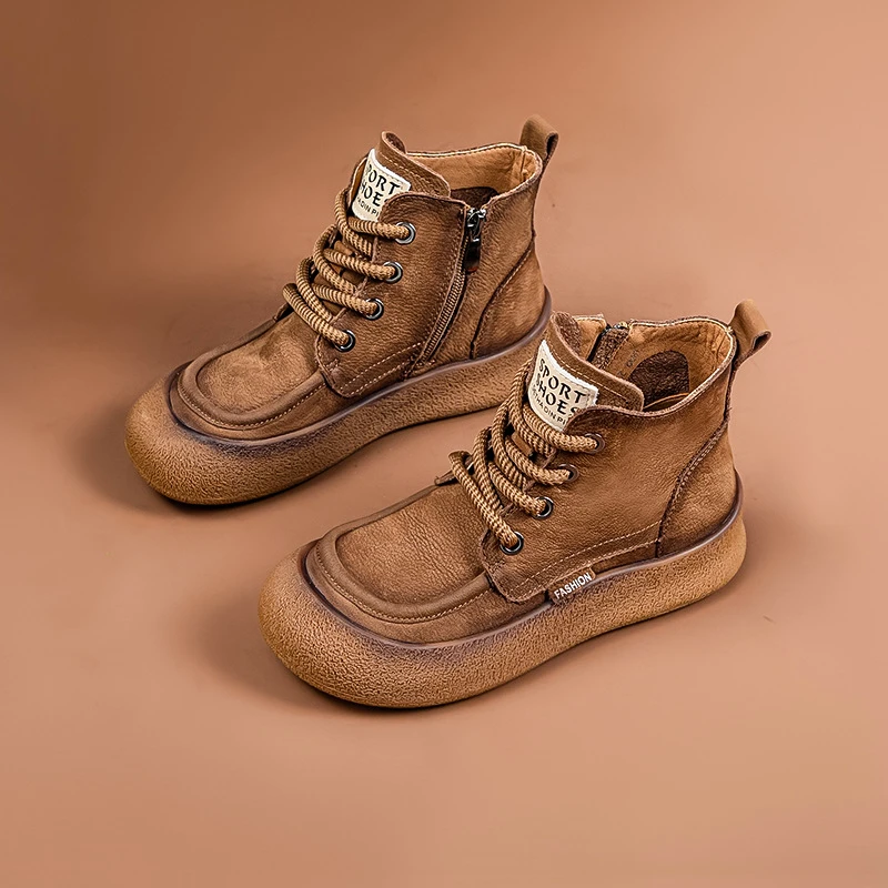 复古拉链圆头磨砂短靴软底军旅风厚底英伦风单靴百搭高帮秋冬季