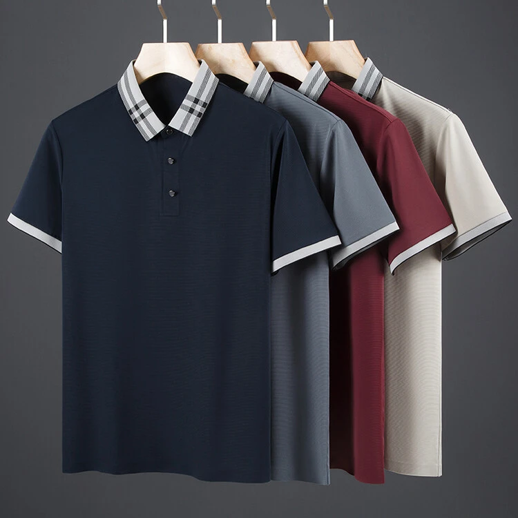 锦氨冰丝面料 男士翻领T恤衫弹力大码中年男装夏季短袖透气上衣